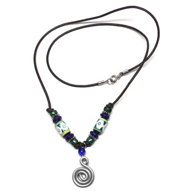 Aluminum Spiral Leather Necklace Peruvian Ceramic Green Blue White and Matching Earrings - image3